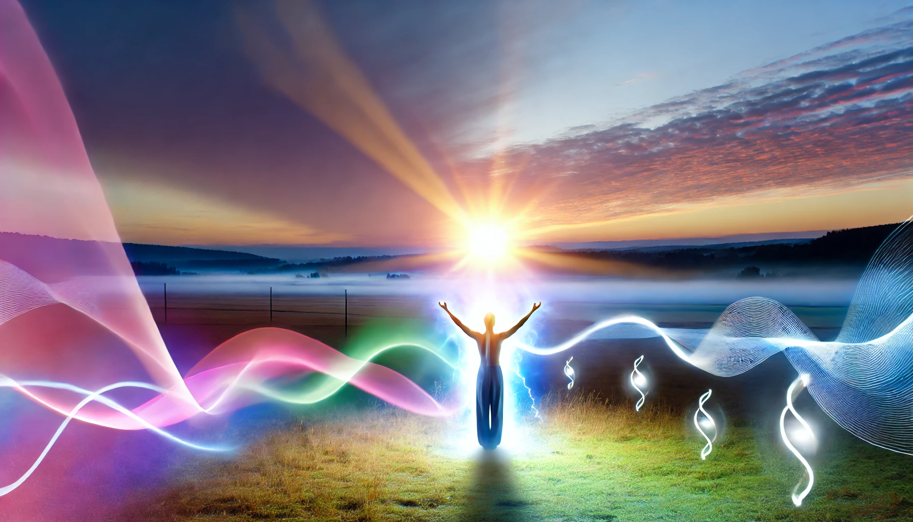 Un paysage naturel serein à l'aube, symbolisant l'énergie créative de la vie. Une silhouette se tient debout au premier plan, les bras ouverts vers le soleil levant, entourée de couleurs vives et de traînées lumineuses représentant la force créatrice. Le ciel est orné de formes subtiles suggérant la présence d'une force créatrice divine. La scène évoque la tranquillité, l'ouverture et la connexion à l'univers.