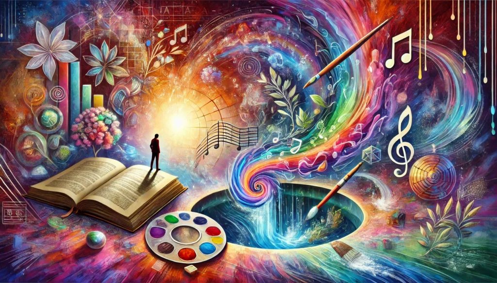 Scène artistique vibrante illustrant le concept de créativité et de dépassement du perfectionnisme. Une personne est représentée au bord d'un puits magique rempli de courants d'idées colorées, avec des notes de musique, des pinceaux, des livres et des couleurs éclatantes, symbolisant différentes formes d'art.