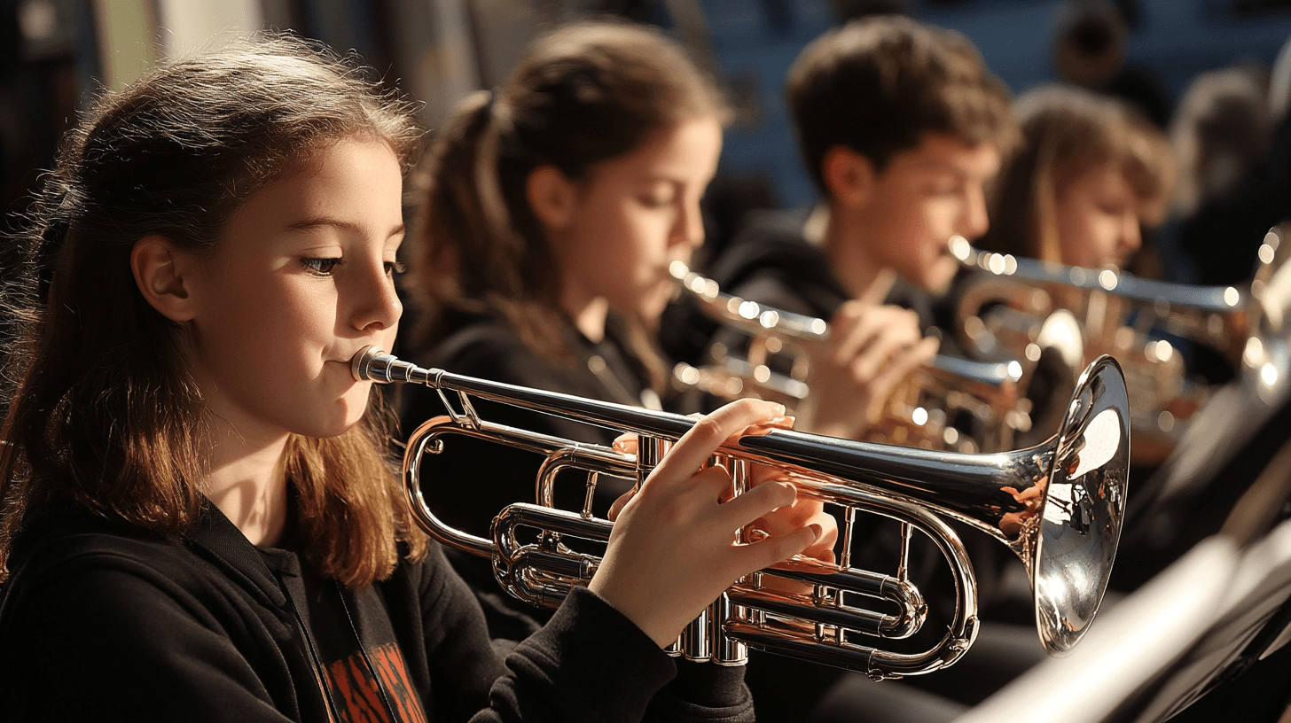 Enfants jouant de la trompette en concert.