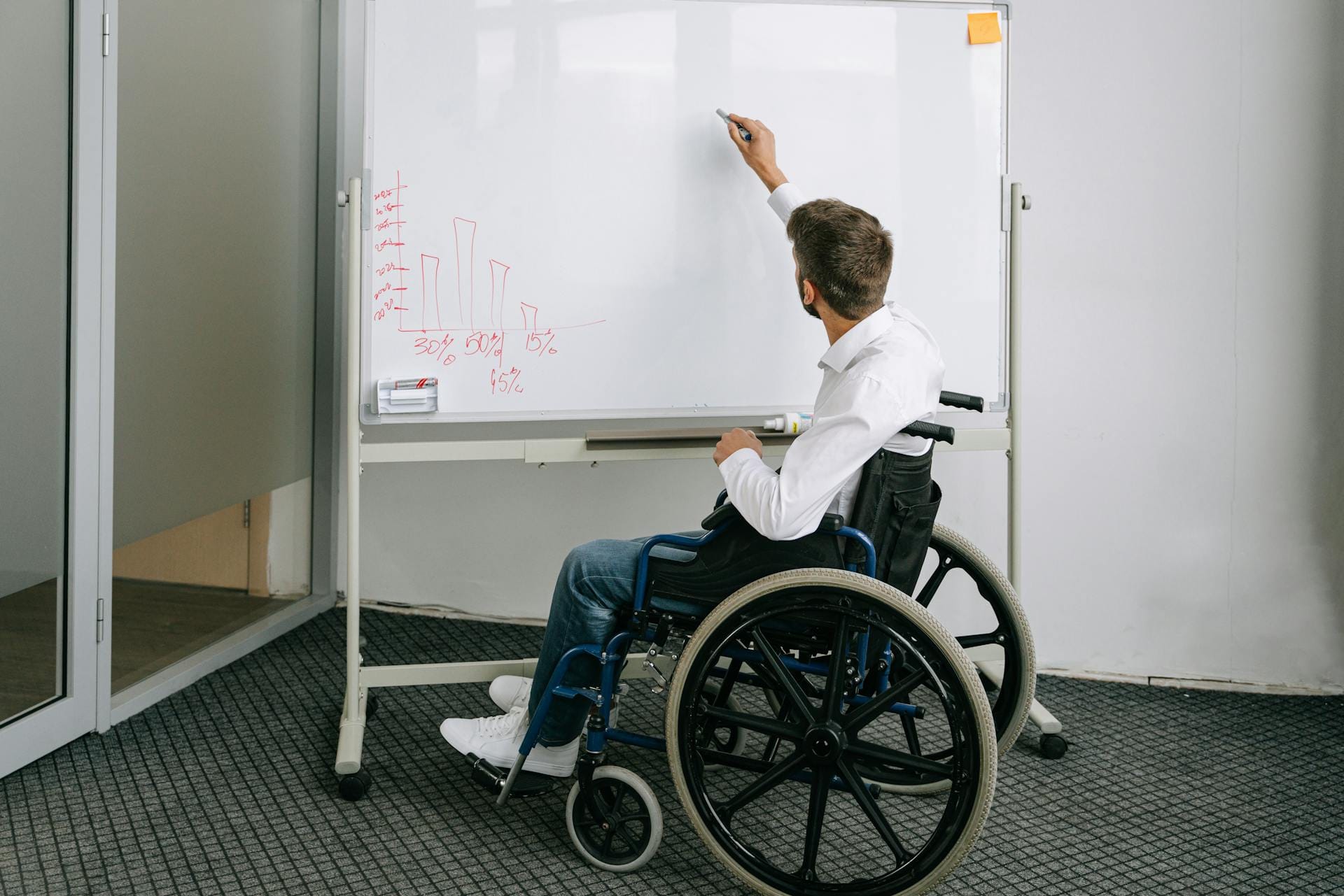 Homme en fauteuil écrit sur tableau blanc.