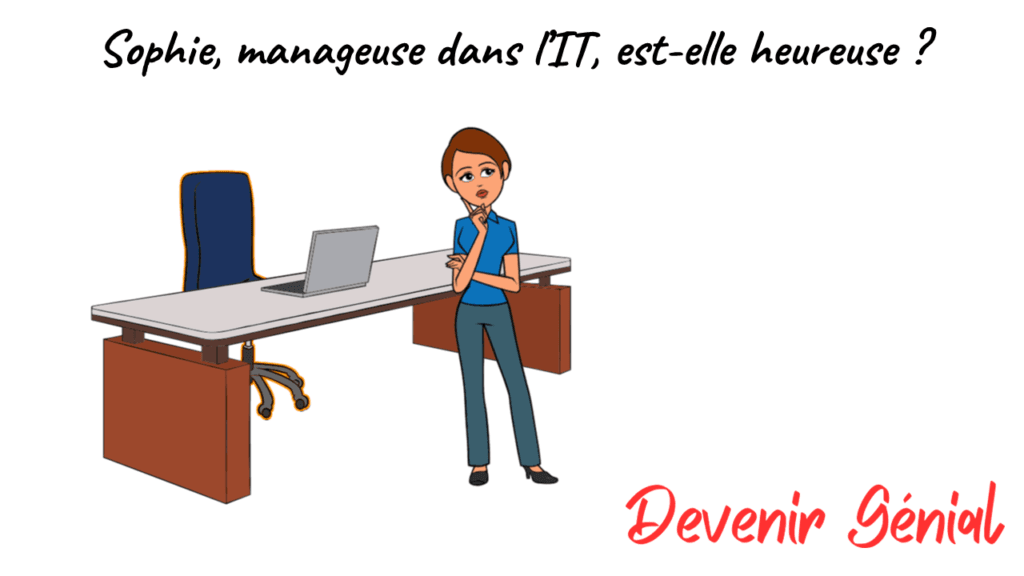 Femme pensive devant bureau et ordinateur.