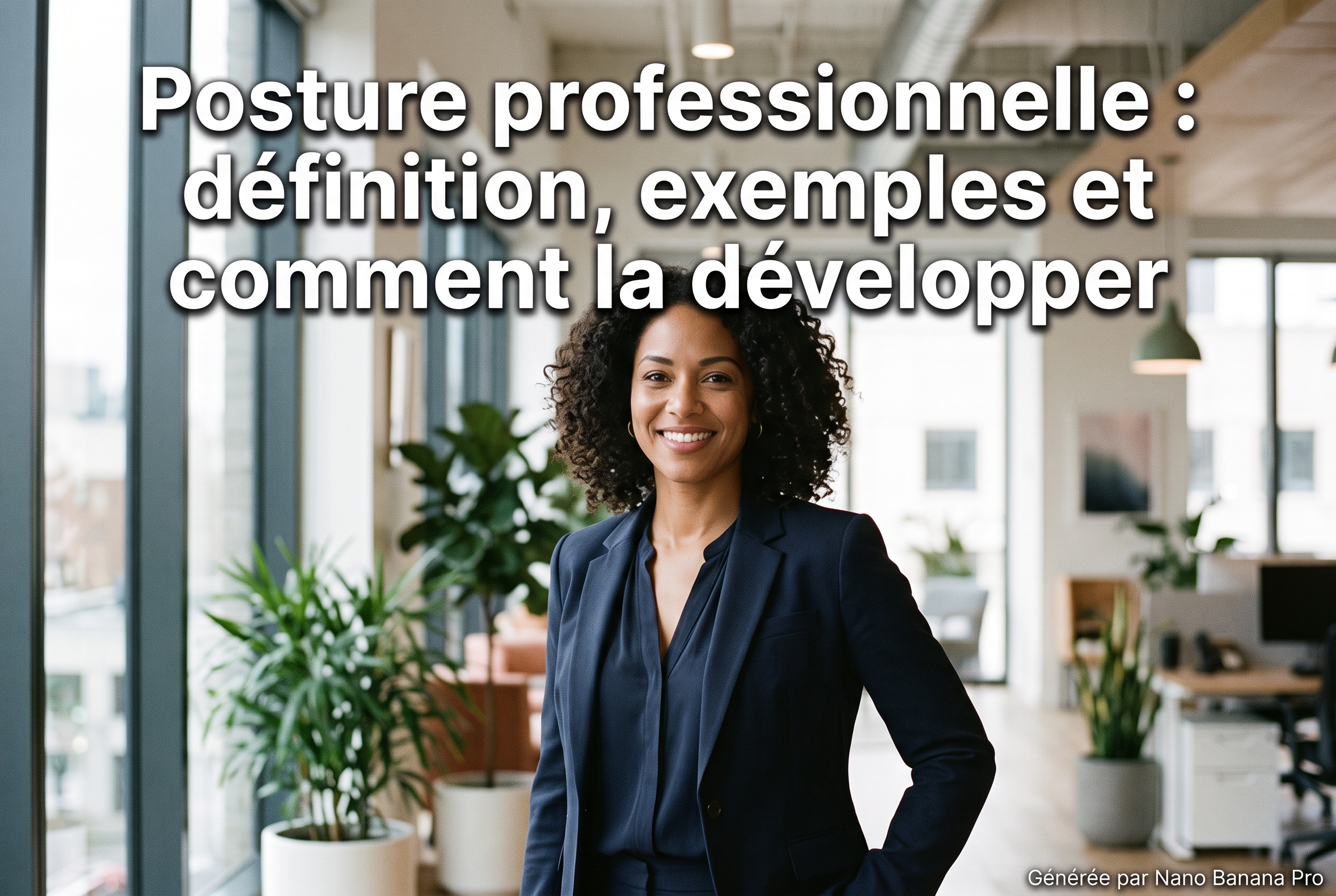Posture professionnelle : une femme souriante et assurée dans un bureau lumineux